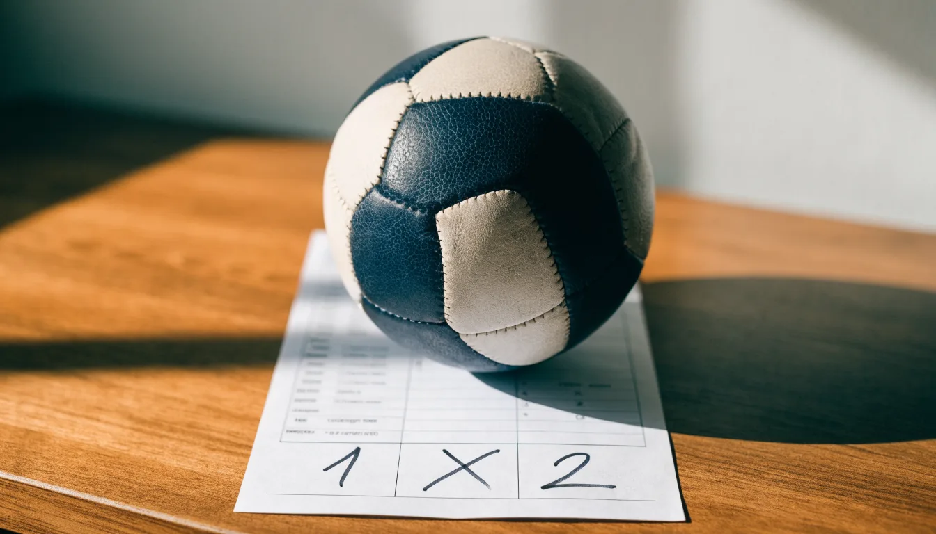 Un pallone da calcio appoggiato su una schedina bianca su un tavolo di legno, alla luce del giorno