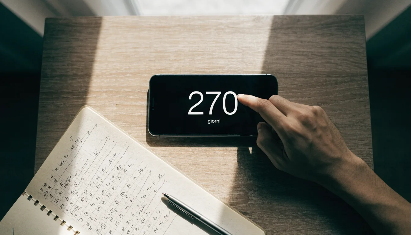 Un documento di identità appoggiato accanto a uno smartphone con un timer sullo schermo, su un tavolo da cucina