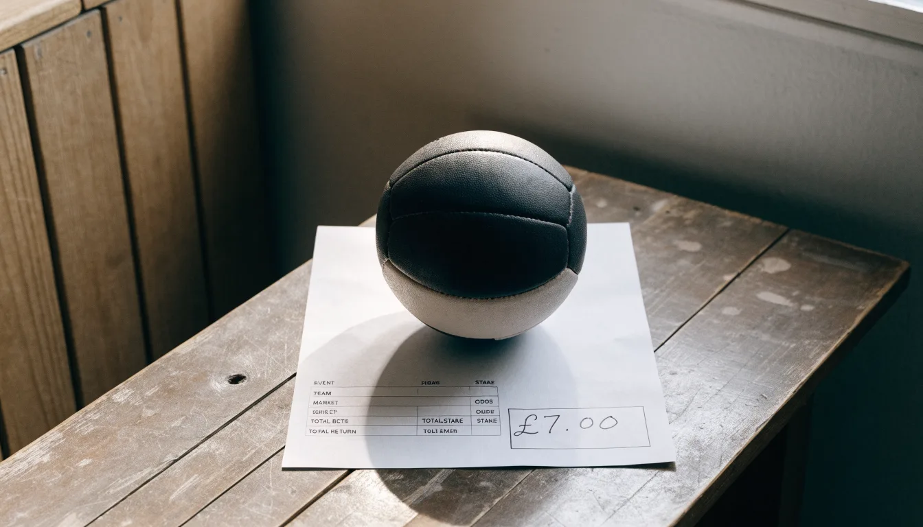 Un pallone da calcio appoggiato su una schedina bianca su un tavolo di legno, alla luce del giorno