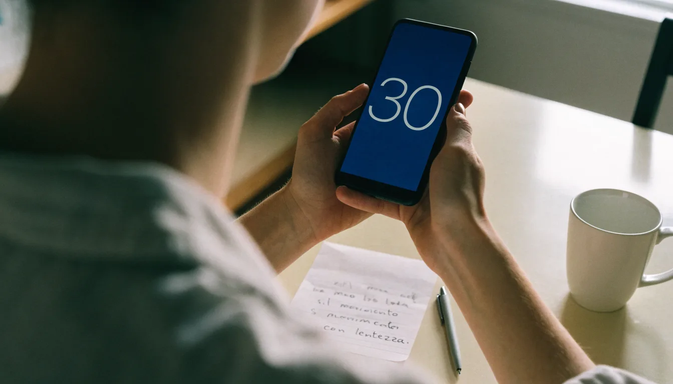 Un documento di identità appoggiato accanto a uno smartphone con un timer sullo schermo, su un tavolo da cucina