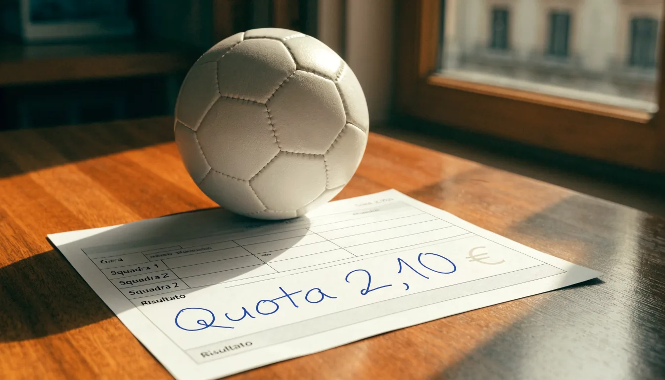 Un pallone da calcio appoggiato su una schedina bianca su un tavolo di legno, alla luce del giorno