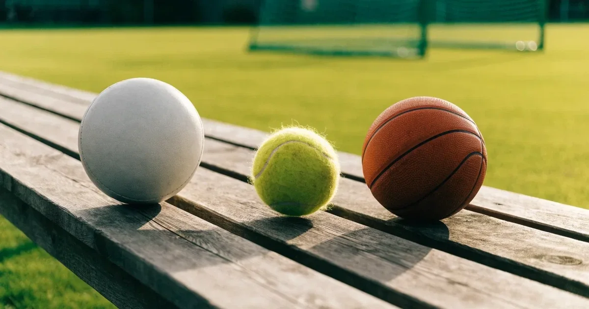Tre palloni di sport diversi allineati uno accanto all'altro su una panca di legno