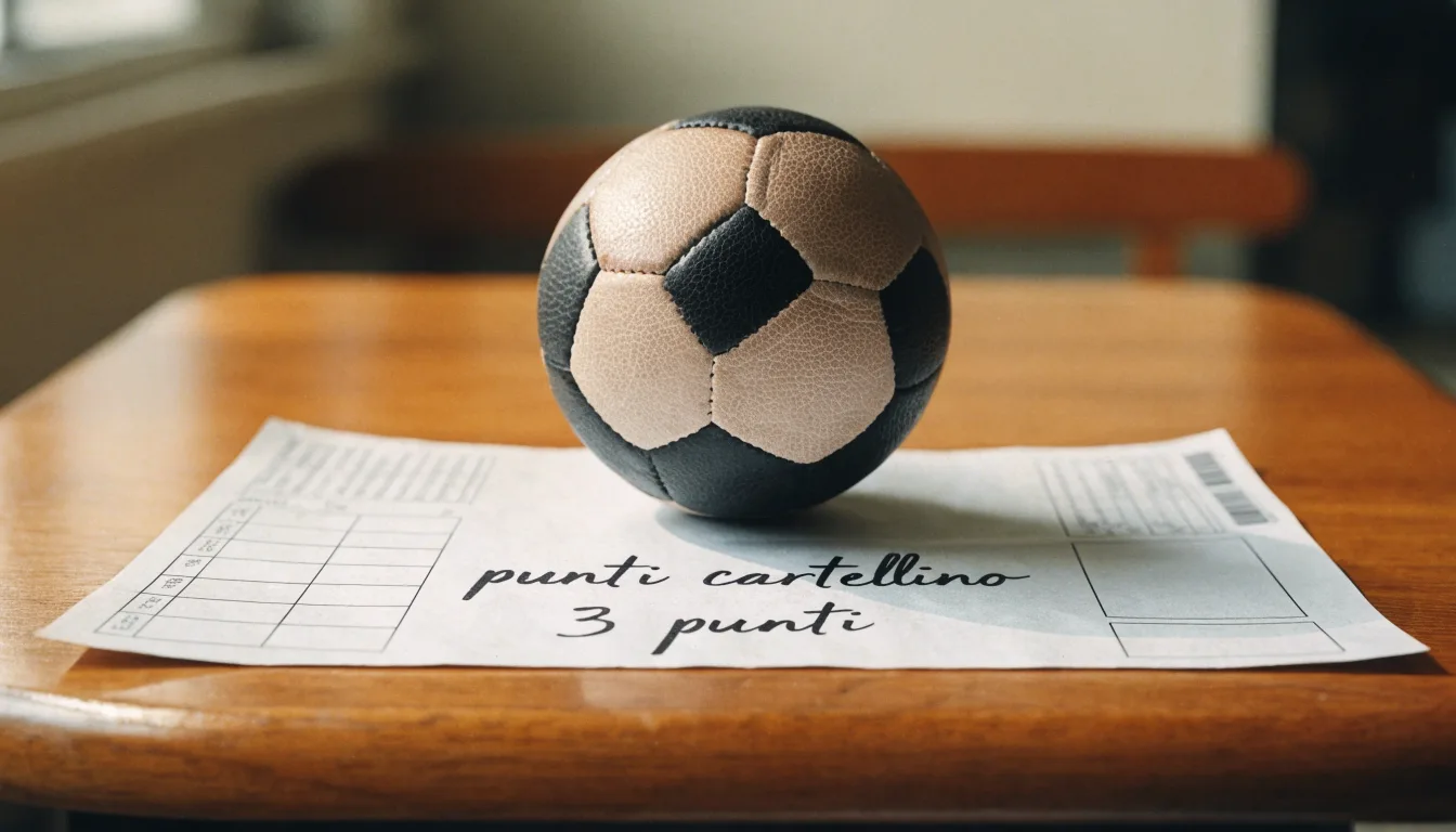 Un pallone da calcio appoggiato su una schedina bianca su un tavolo di legno, alla luce del giorno