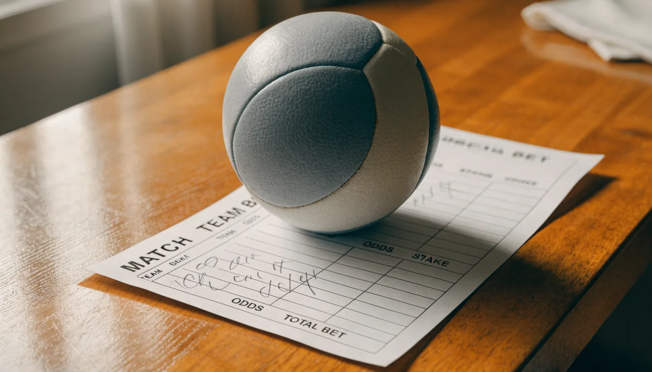 Un pallone da calcio appoggiato su una schedina bianca su un tavolo di legno, alla luce del giorno