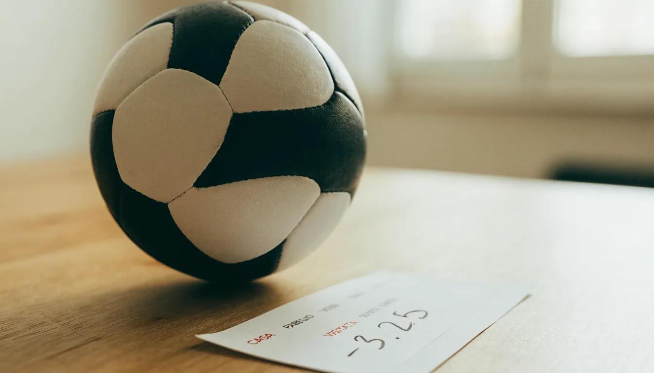 Un pallone da calcio appoggiato su una schedina bianca su un tavolo di legno, alla luce del giorno