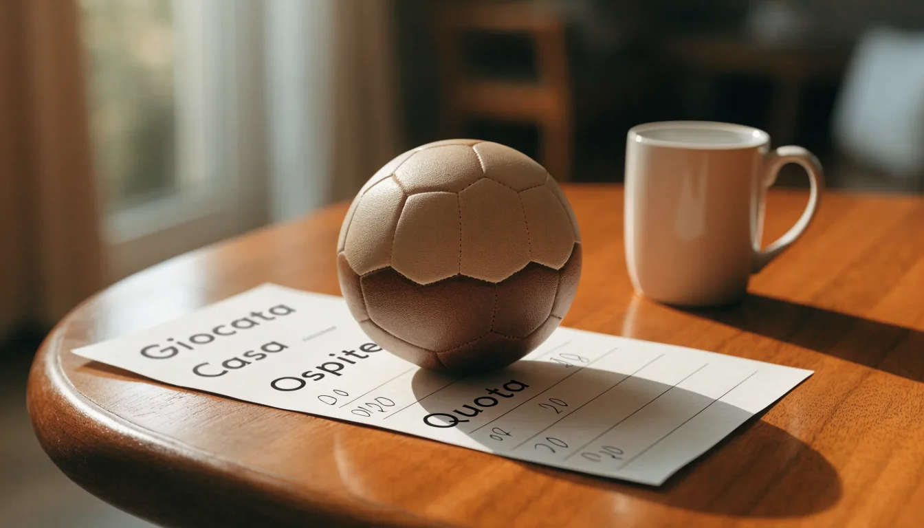 Un pallone da calcio appoggiato su una schedina bianca su un tavolo di legno, alla luce del giorno