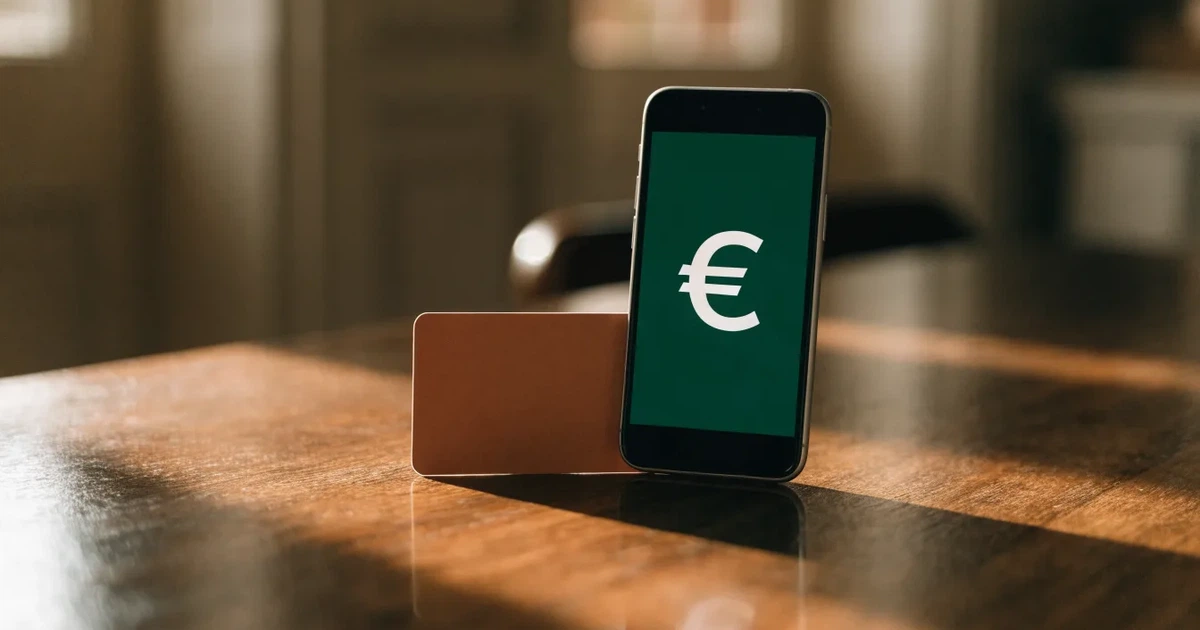 Uno smartphone e una carta di pagamento affiancati su un tavolo di legno, con alcune banconote da euro accanto