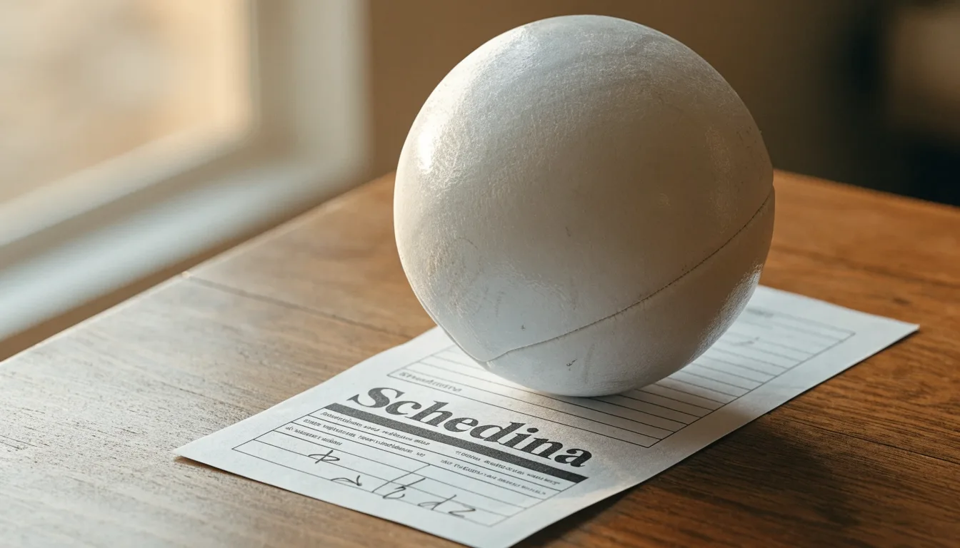 Un pallone da calcio appoggiato su una schedina bianca su un tavolo di legno, alla luce del giorno