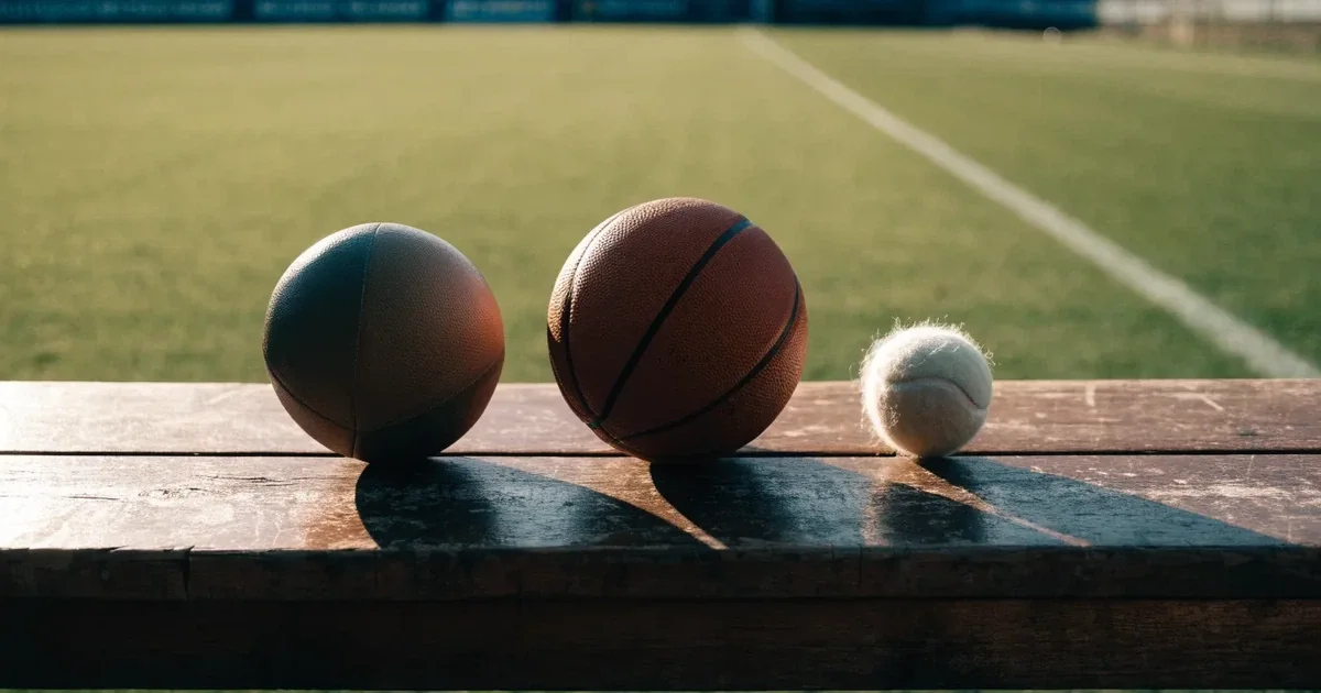Tre palloni di sport diversi allineati uno accanto all'altro su una panca di legno