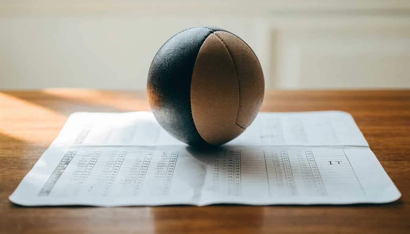 Un pallone da calcio appoggiato su una schedina bianca su un tavolo di legno, alla luce del giorno