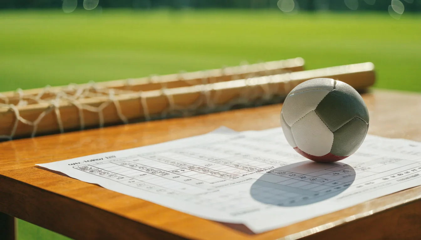 Un pallone da calcio appoggiato su una schedina bianca su un tavolo di legno, alla luce del giorno