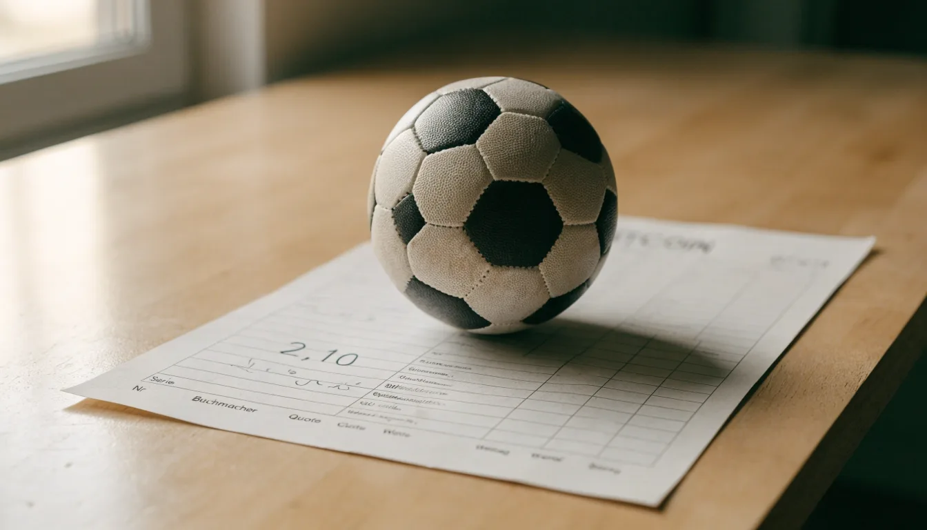 Un pallone da calcio appoggiato su una schedina bianca su un tavolo di legno, alla luce del giorno