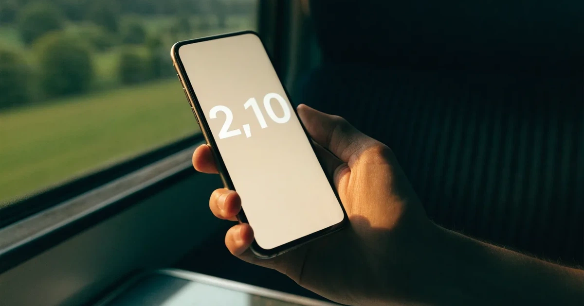 Una mano che tiene uno smartphone con una scommessa sullo schermo, su un treno nel tardo pomeriggio