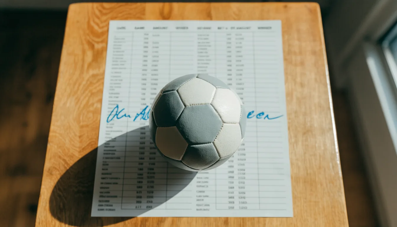 Un pallone da calcio appoggiato su una schedina bianca su un tavolo di legno, alla luce del giorno