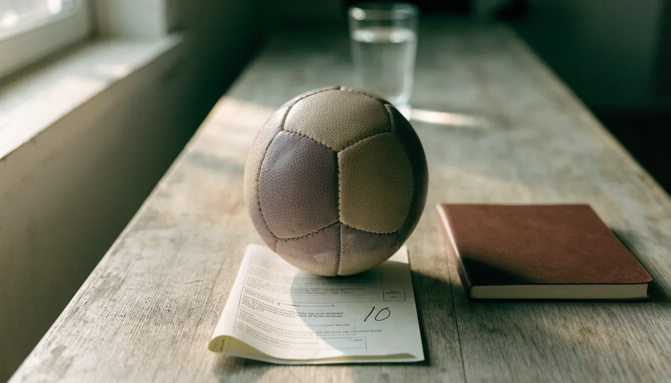 Un pallone da calcio appoggiato su una schedina bianca su un tavolo di legno, alla luce del giorno