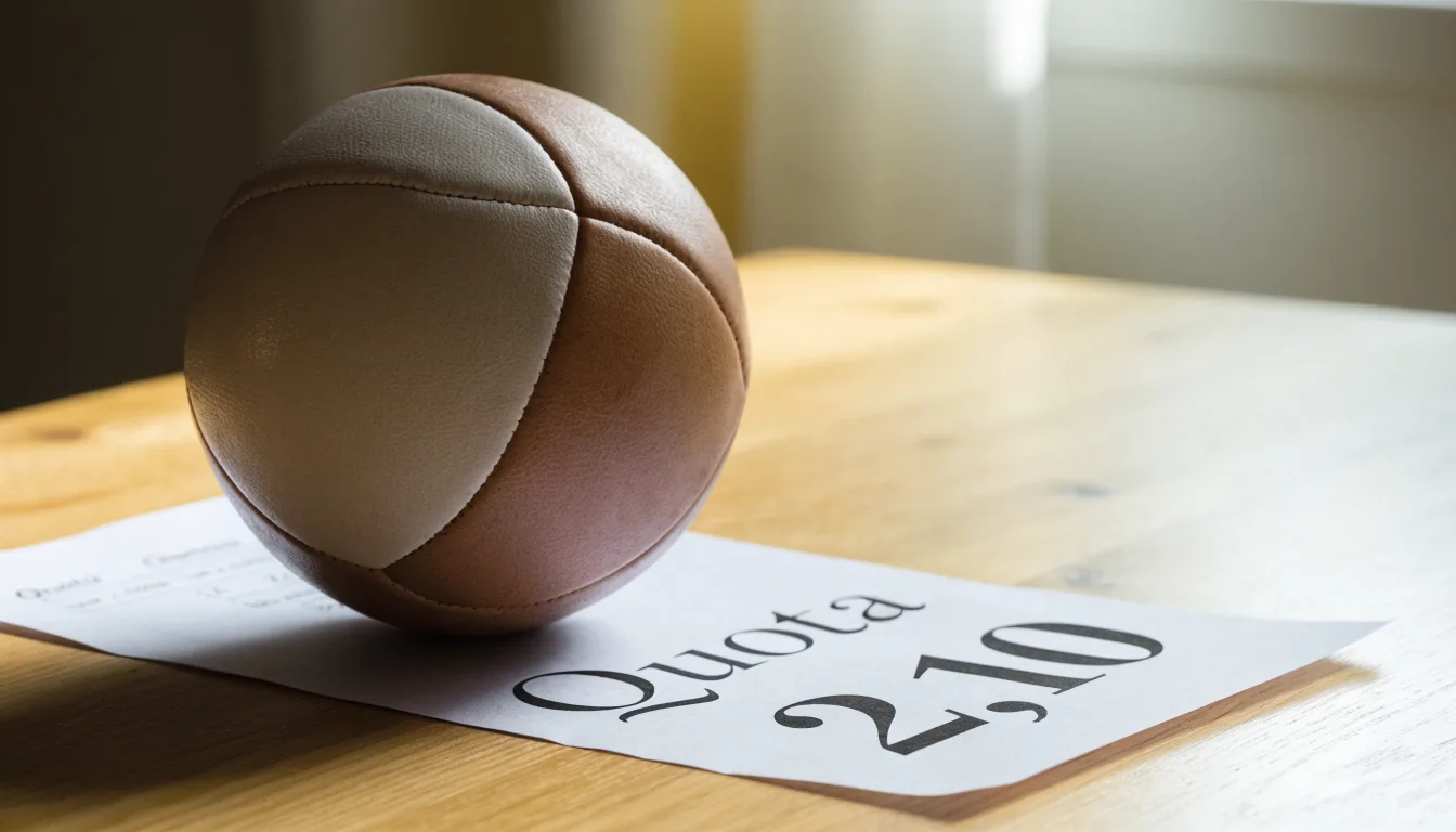 Un pallone da calcio appoggiato su una schedina bianca su un tavolo di legno, alla luce del giorno