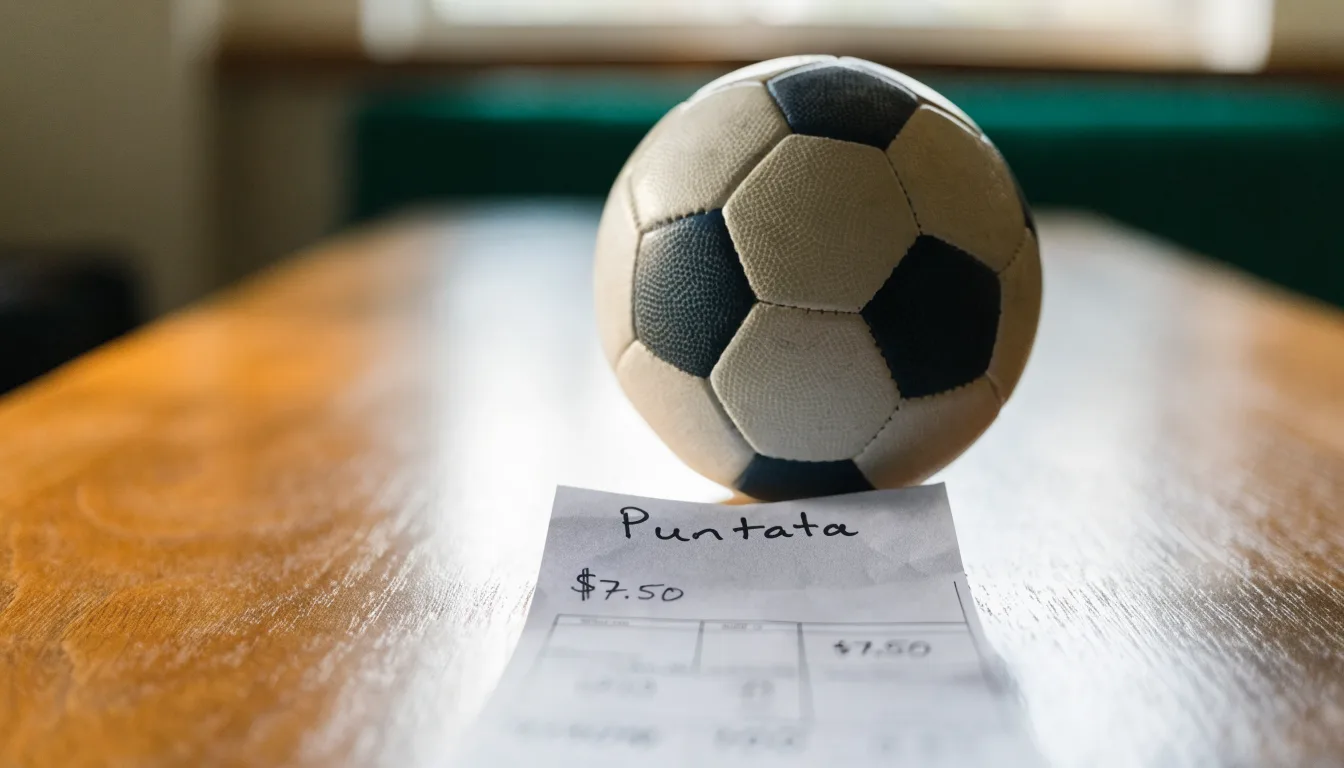 Un pallone da calcio appoggiato su una schedina bianca su un tavolo di legno, alla luce del giorno