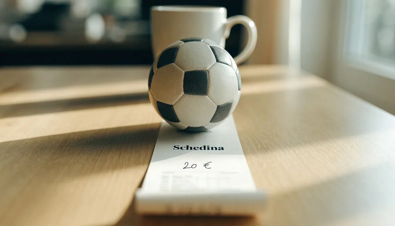 Un pallone da calcio appoggiato su una schedina bianca su un tavolo di legno, alla luce del giorno