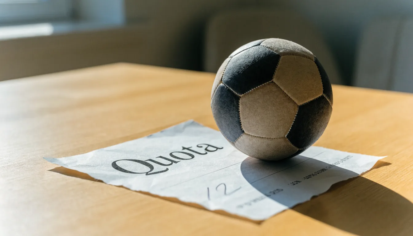 Un pallone da calcio appoggiato su una schedina bianca su un tavolo di legno, alla luce del giorno