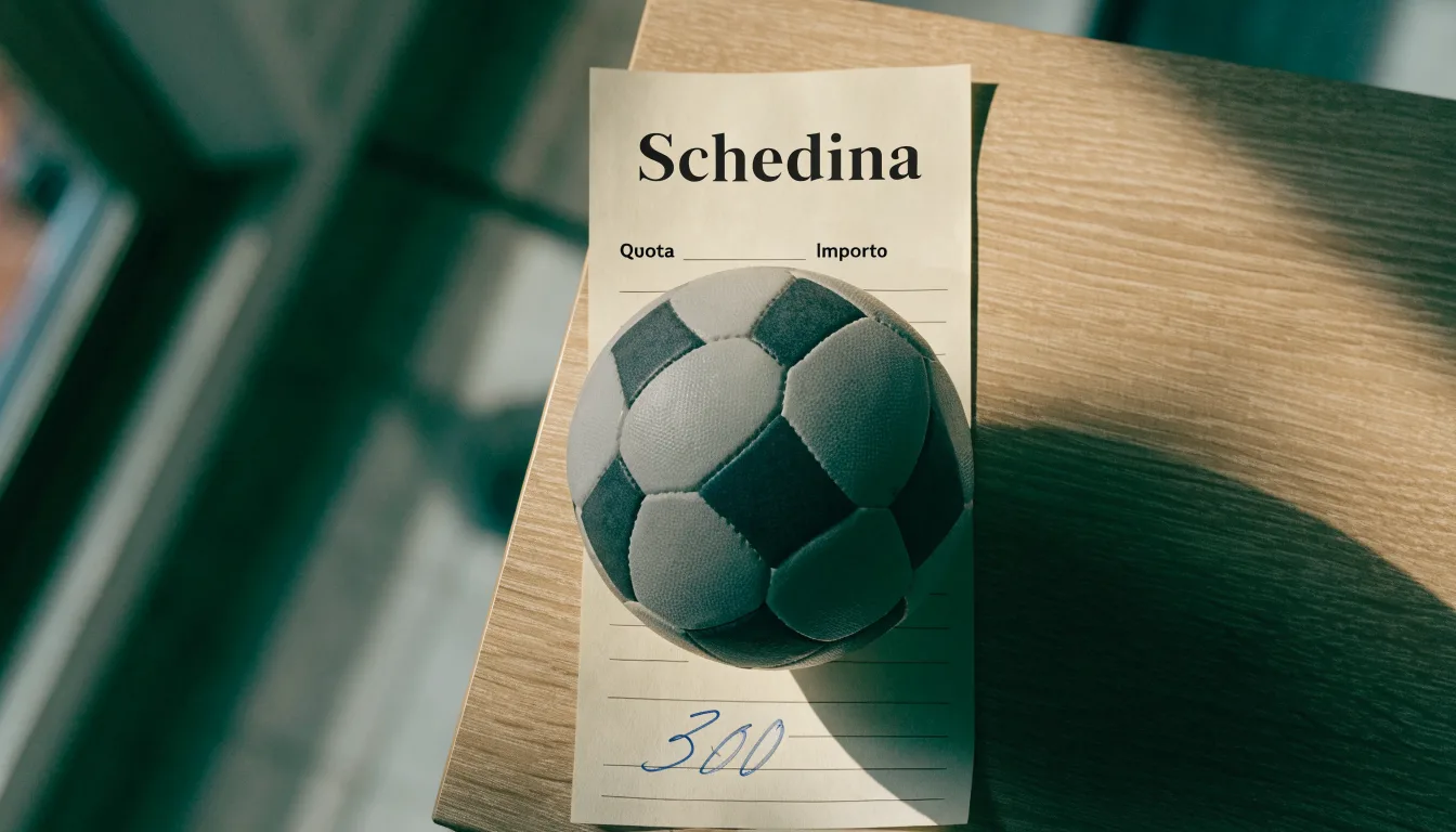 Un pallone da calcio appoggiato su una schedina bianca su un tavolo di legno, alla luce del giorno