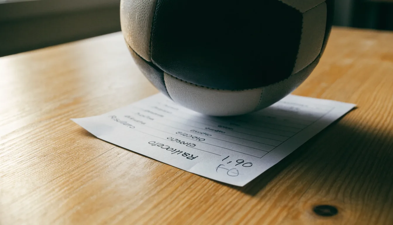 Un pallone da calcio appoggiato su una schedina bianca su un tavolo di legno, alla luce del giorno