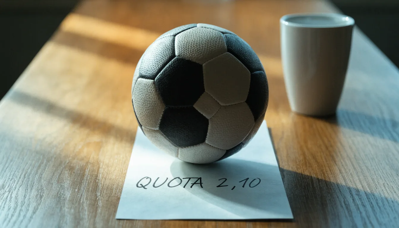 Un pallone da calcio appoggiato su una schedina bianca su un tavolo di legno, alla luce del giorno