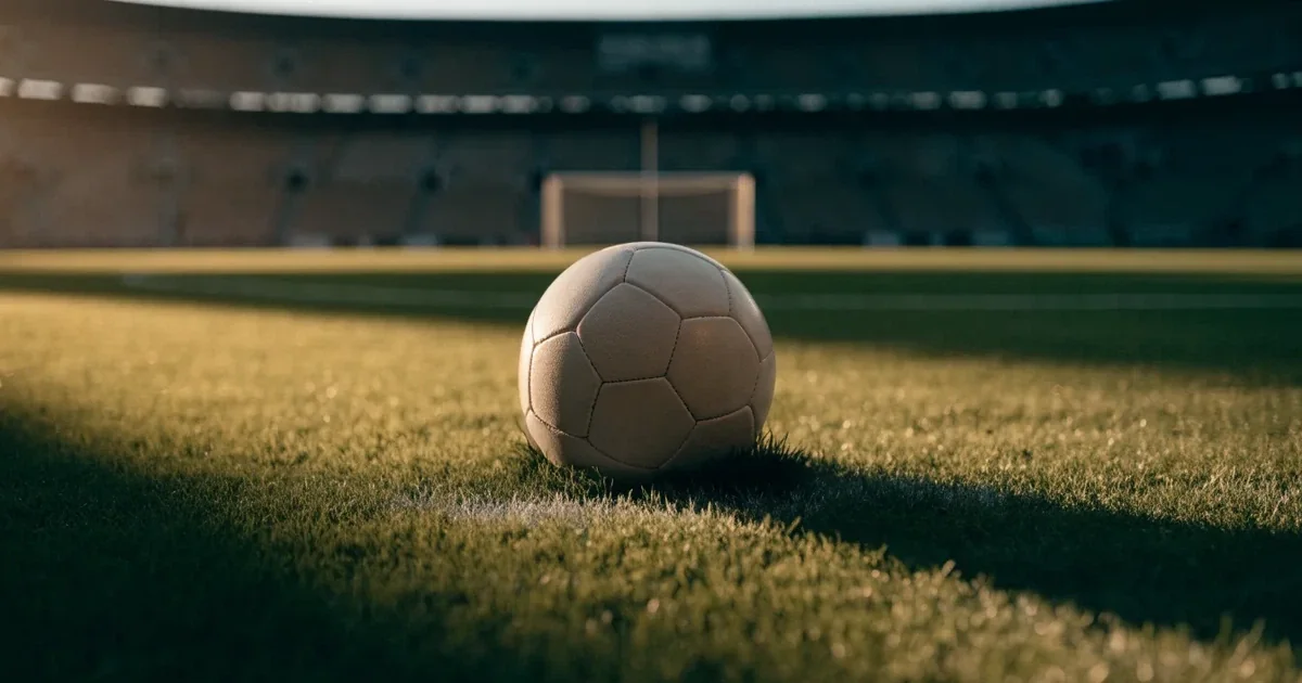 Un pallone da calcio sul dischetto del centrocampo di un prato, alla luce del mattino