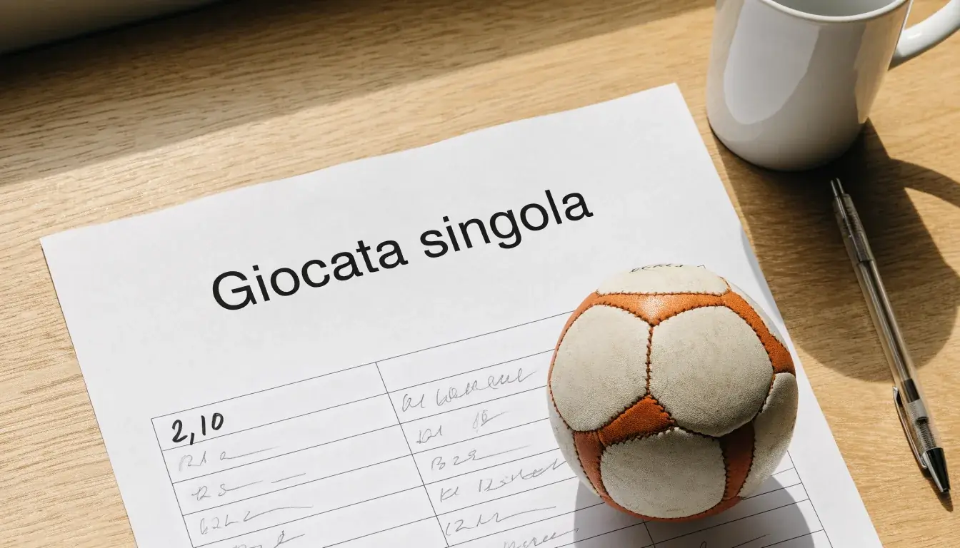 Un pallone da calcio appoggiato su una schedina bianca su un tavolo di legno, alla luce del giorno