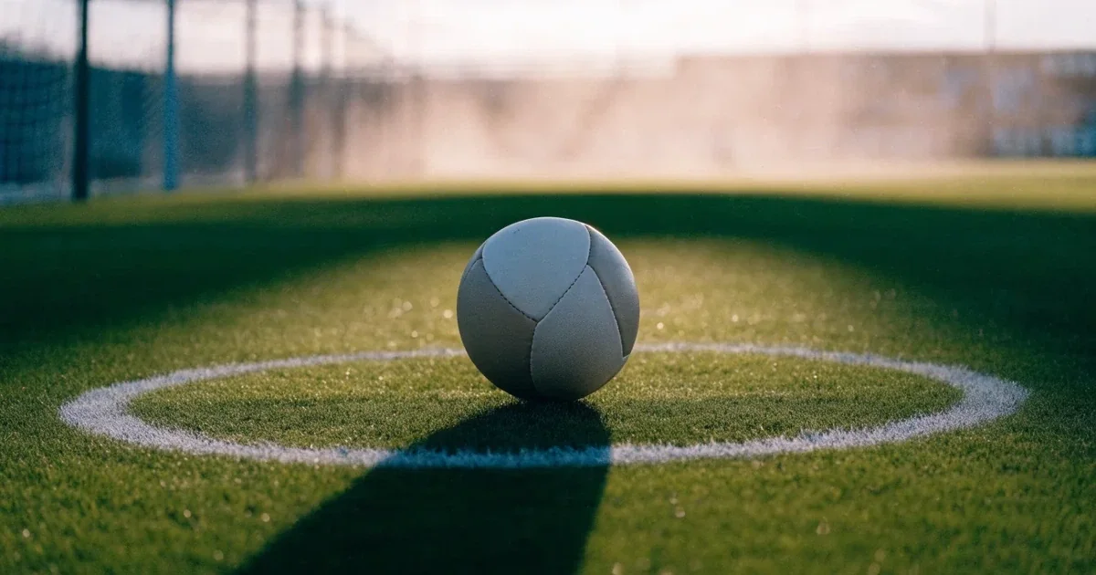 Un pallone da calcio sul dischetto del centrocampo di un prato, alla luce del mattino