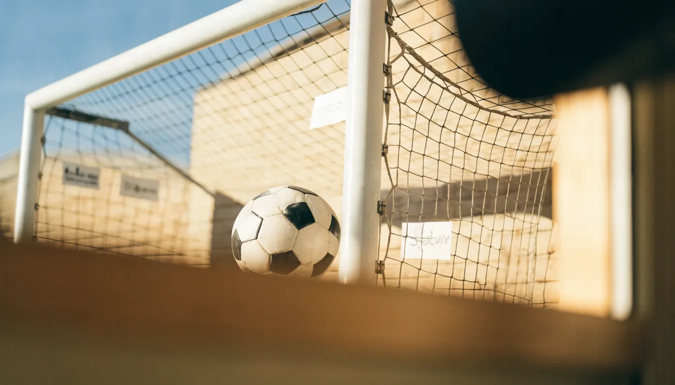Un pallone da calcio appoggiato su una schedina bianca su un tavolo di legno, alla luce del giorno