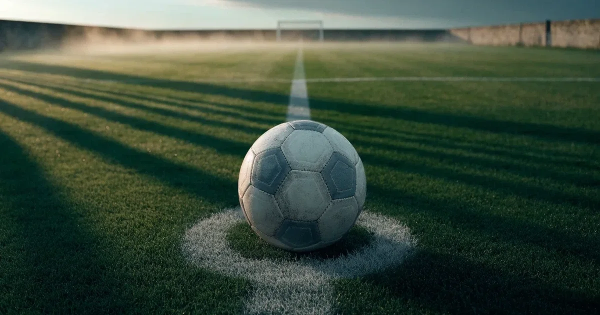 Un pallone da calcio sul dischetto del centrocampo di un prato, alla luce del mattino