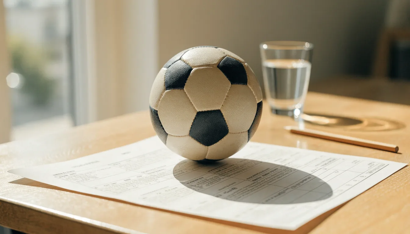 Un pallone da calcio appoggiato su una schedina bianca su un tavolo di legno, alla luce del giorno