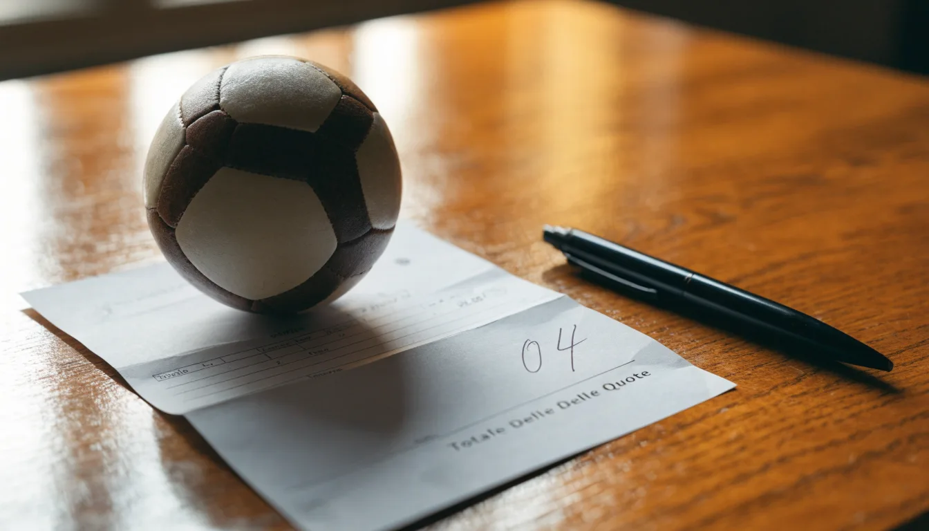 Un pallone da calcio appoggiato su una schedina bianca su un tavolo di legno, alla luce del giorno