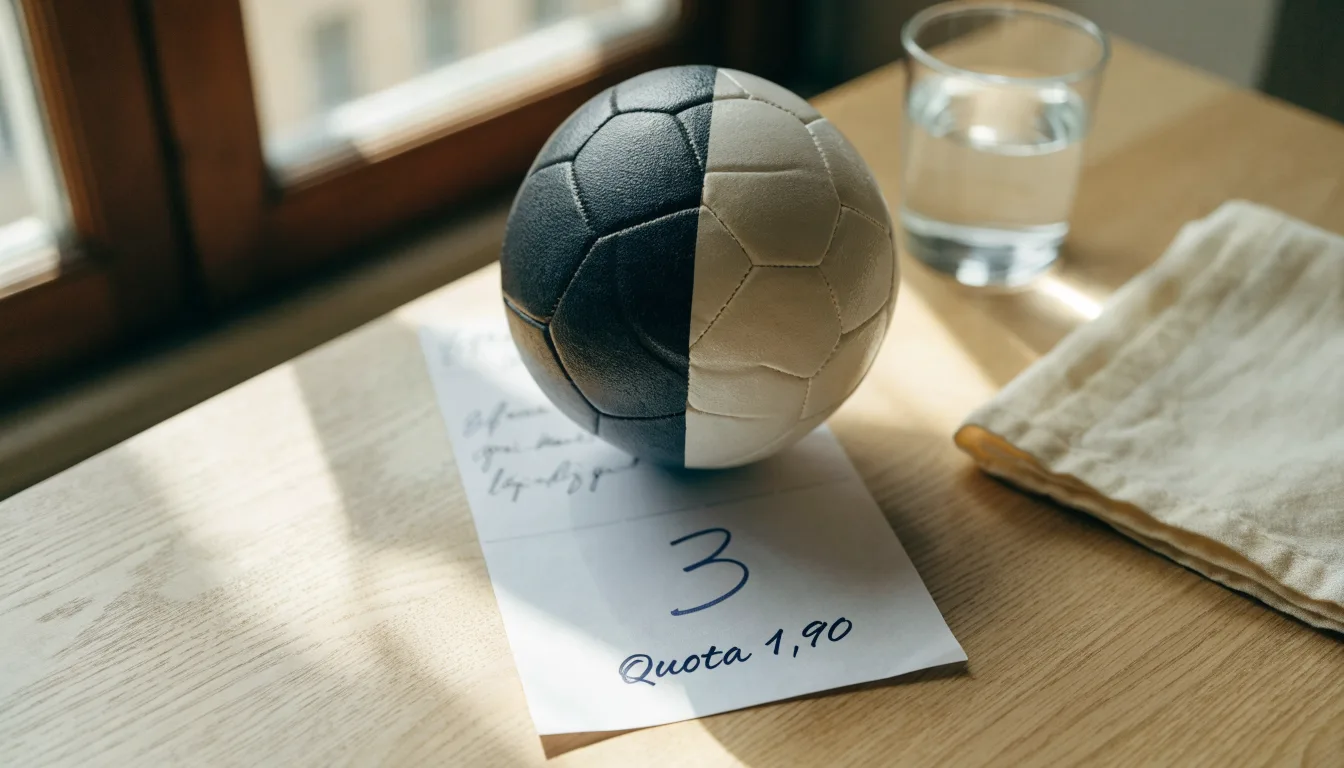 Un pallone da calcio appoggiato su una schedina bianca su un tavolo di legno, alla luce del giorno